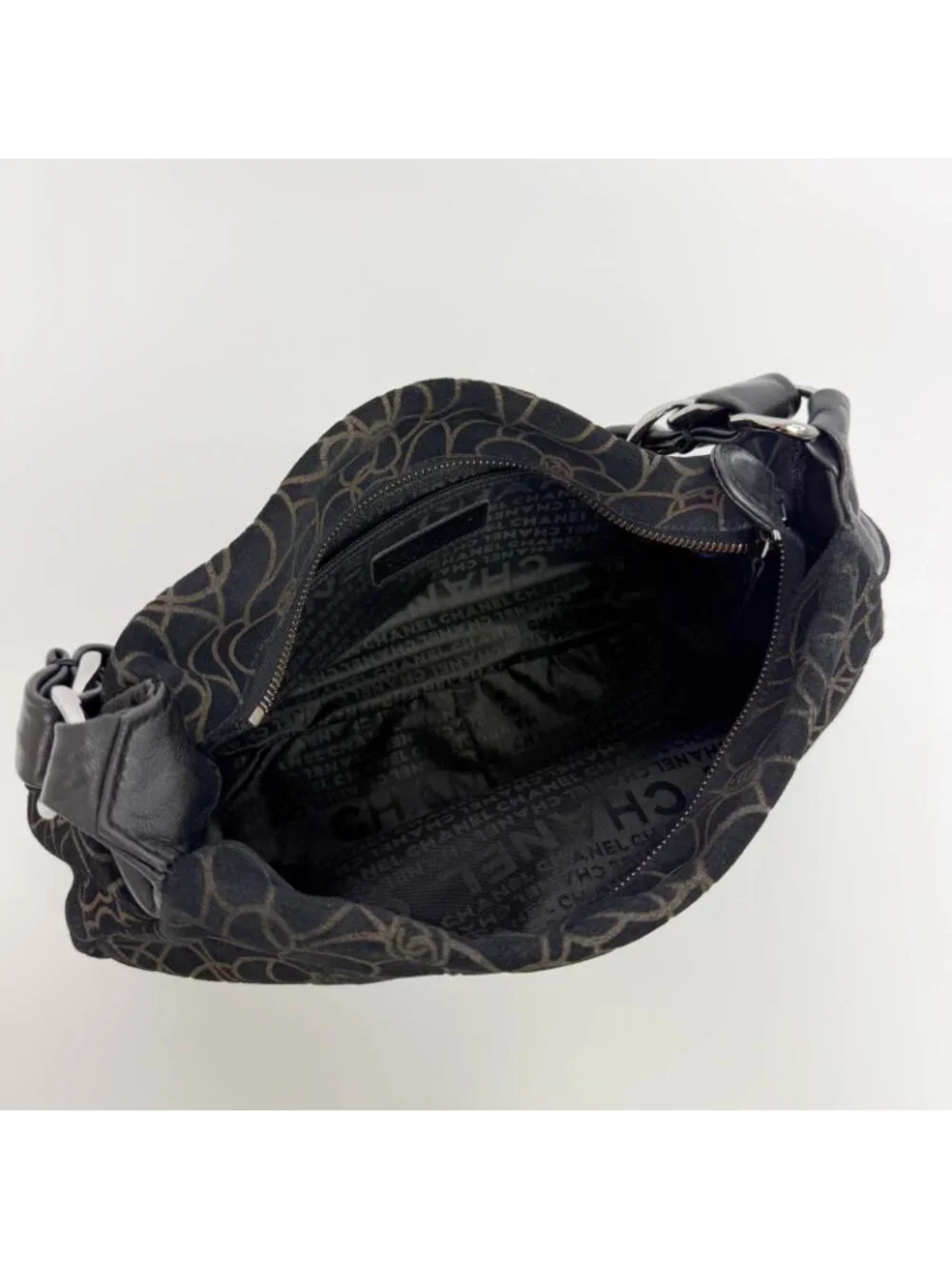 Chanel Camellia Print CC Logo Chain Shoulder Bag Suede Leather Black Silver